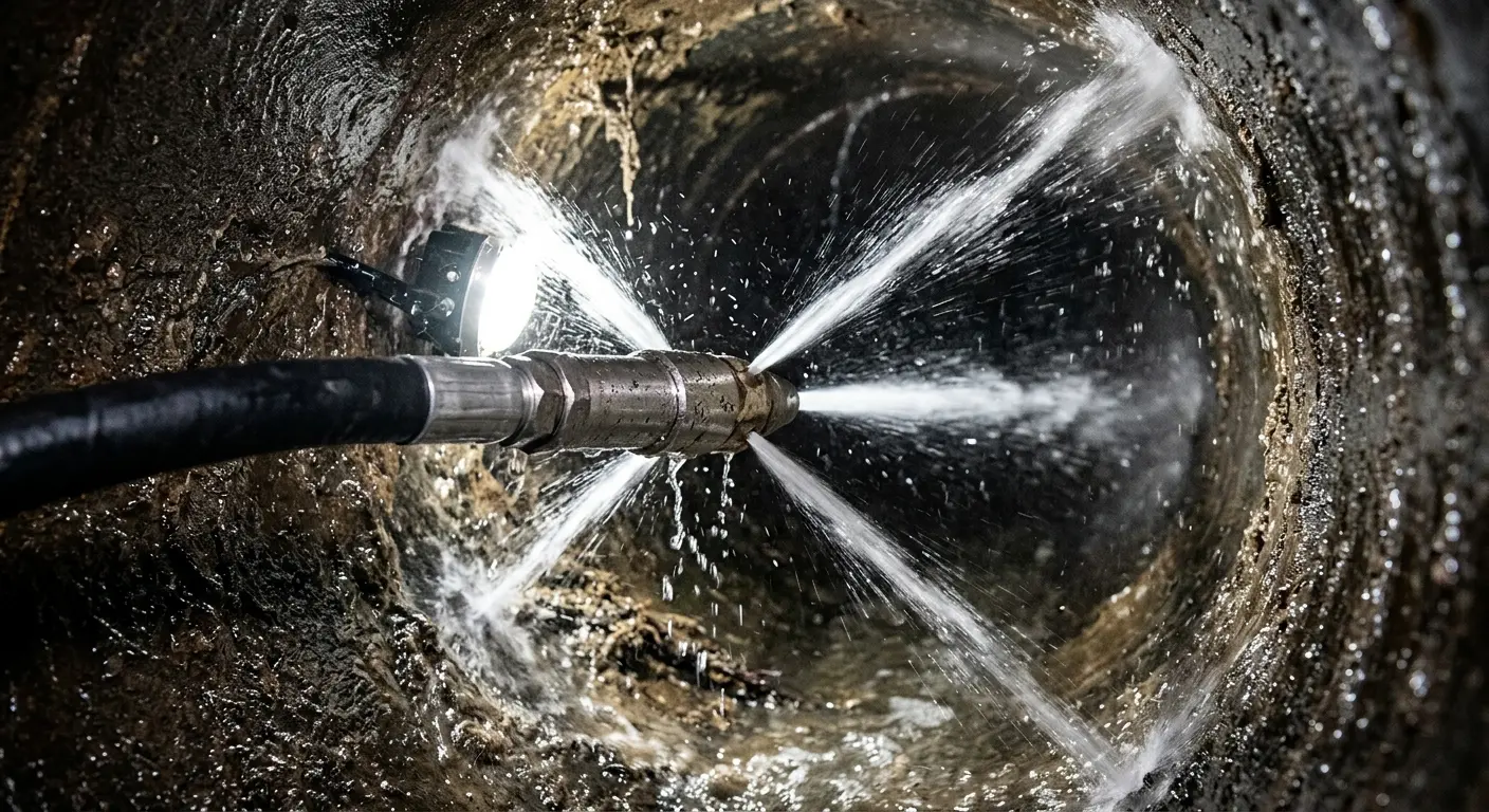 High-pressure hydro jetting nozzle cleaning sewer pipe for Emergency Drain Service in Tucker