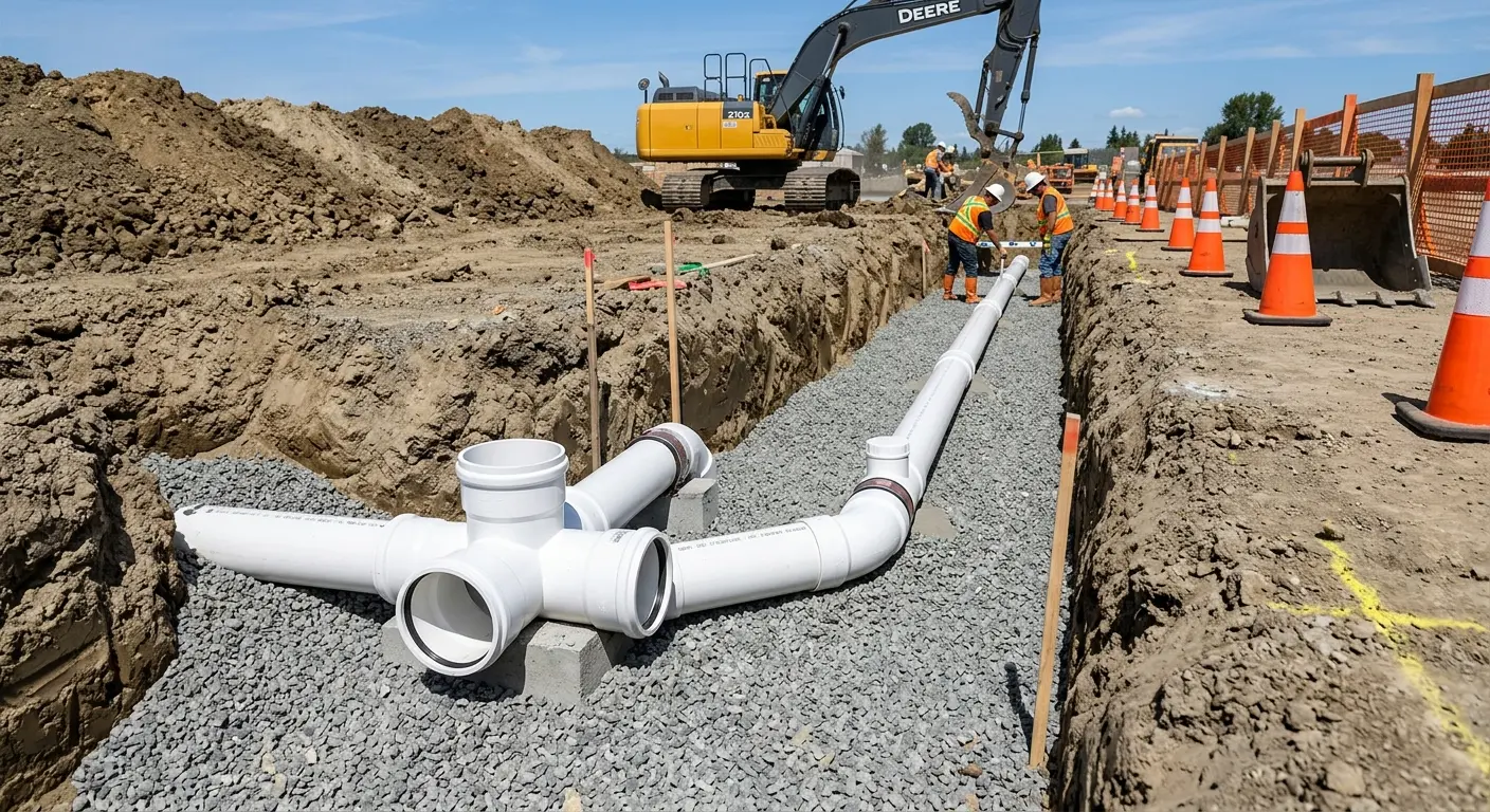 New PVC sewer pipe installation in open trench for Sewer Backup in Tucker