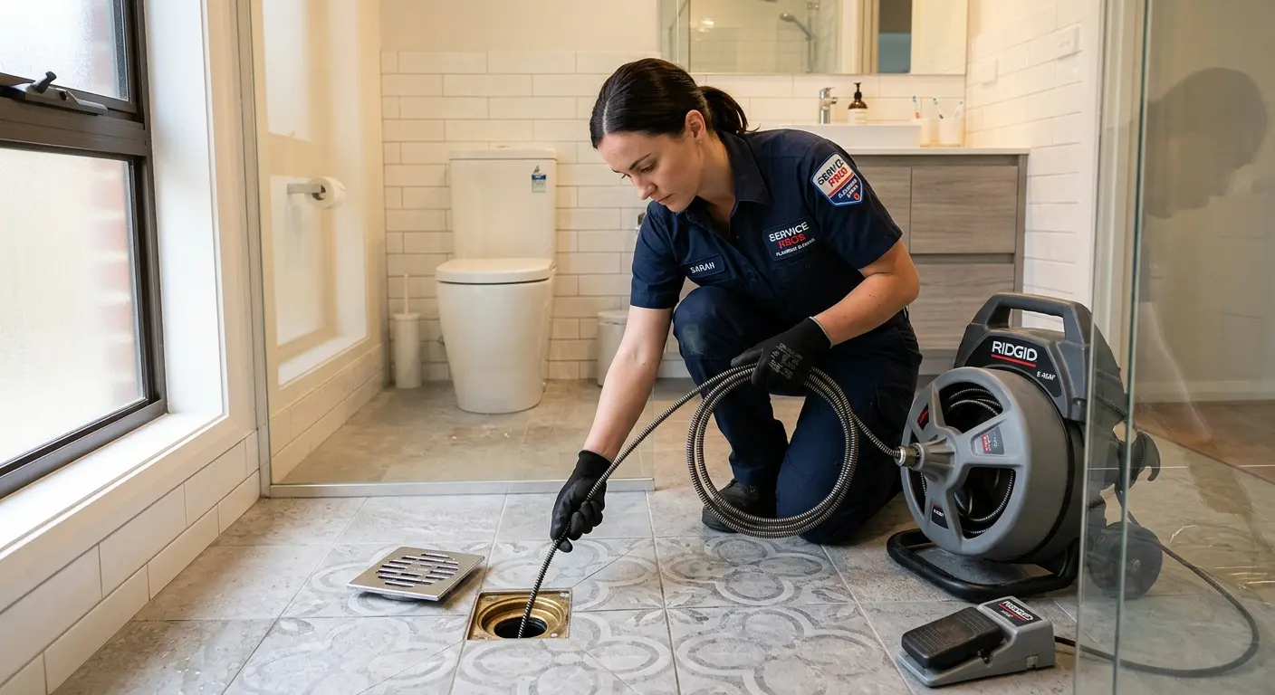 Technician clearing a bathroom floor drain for Clogged Drain Repair in Tucker